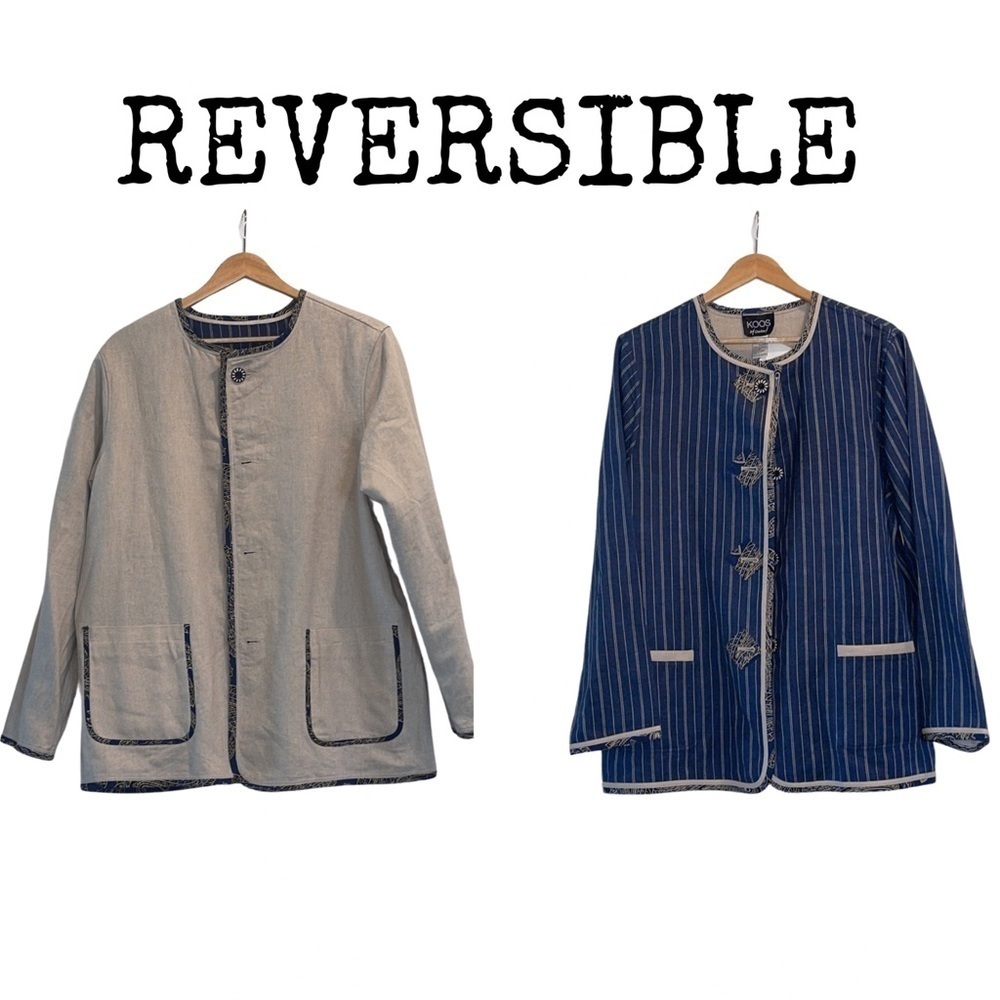 KOOS Reversible Linen Blazer Size L Lagenlook Artsy Minimal Quiet Luxury Boho‎
